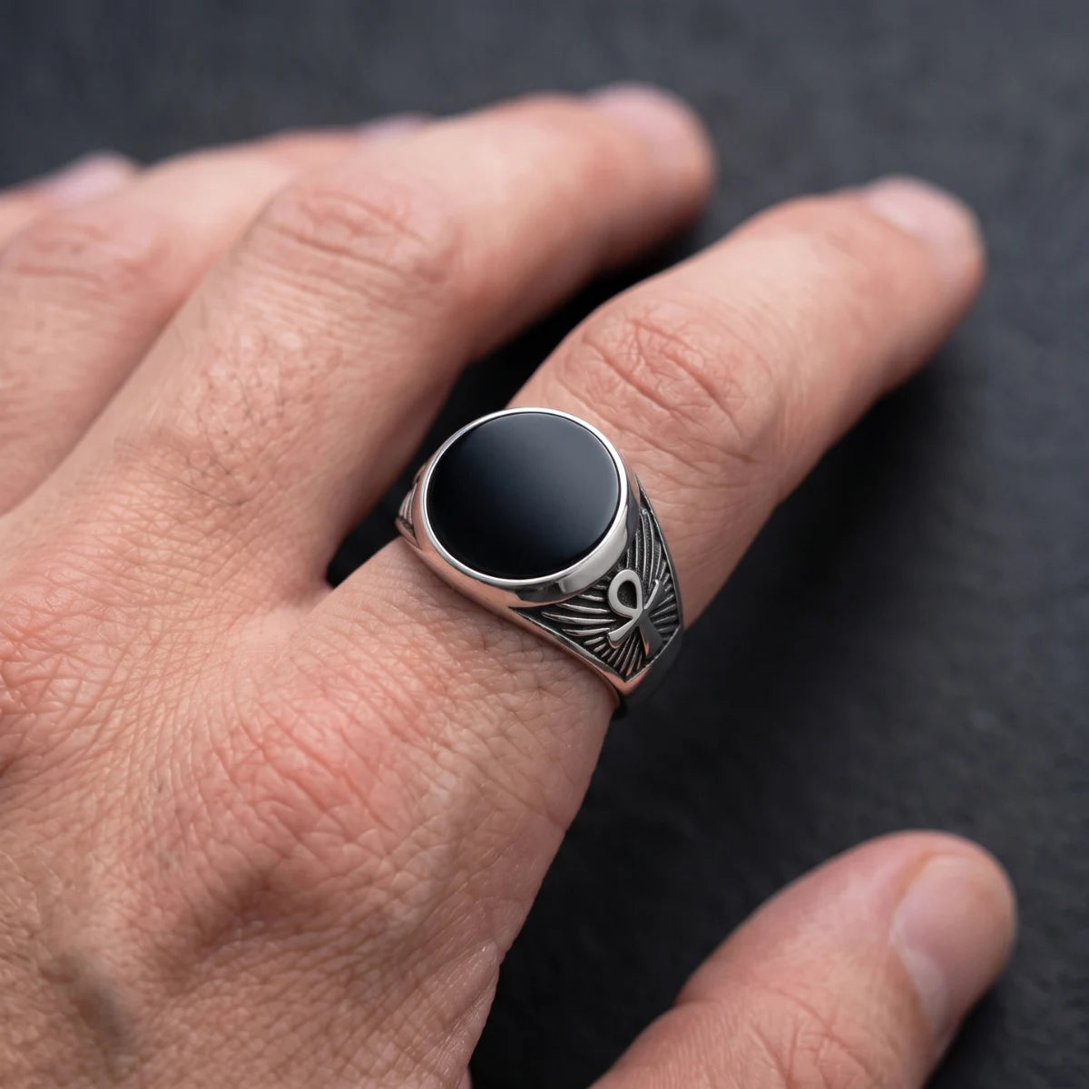 Ankh Signet Ring Silver with Black Drip Epoxy Worn on Hand Close Up
