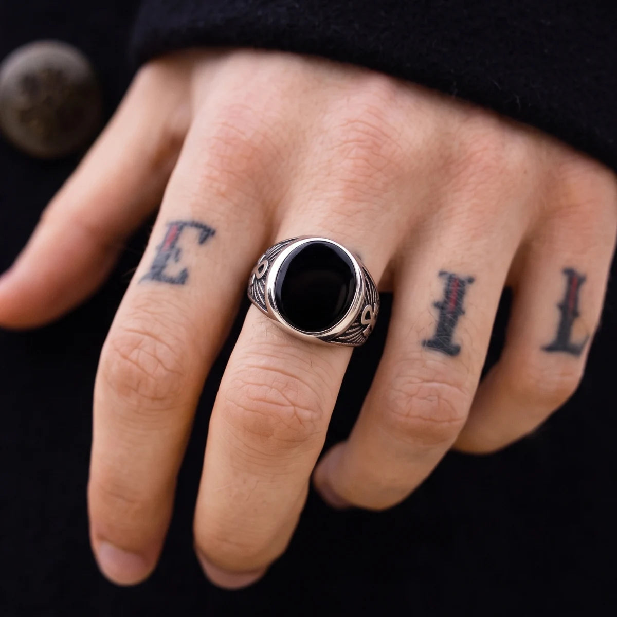 Ankh Signet Ring Silver with Black Drip Epoxy Worn on Hand
