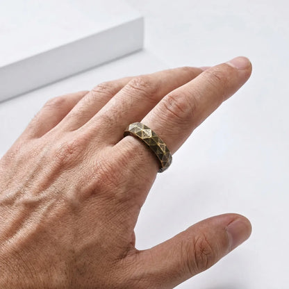 Antique Gold Faceted Rune Ring Worn by Male Model
