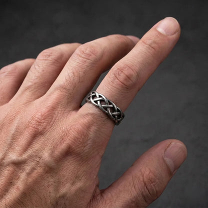 Antique Silver Braided Band Ring Worn by Male Model Close Up