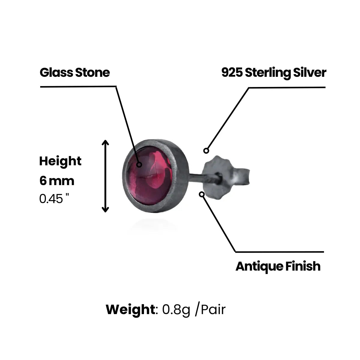 Antique Silver Deep Red Round Stud Earrings Dimensions and Weight