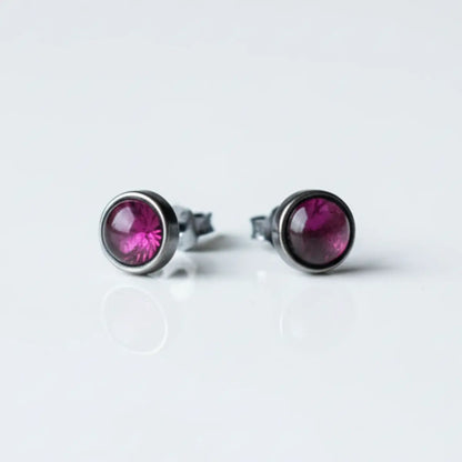 Antique Silver Deep Red Round Stud Earrings Front