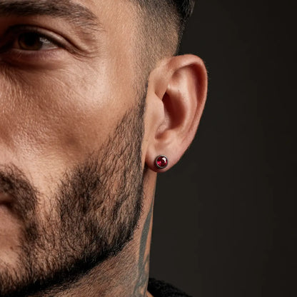 Antique Silver Deep Red Round Stud Earrings Worn by Male Model