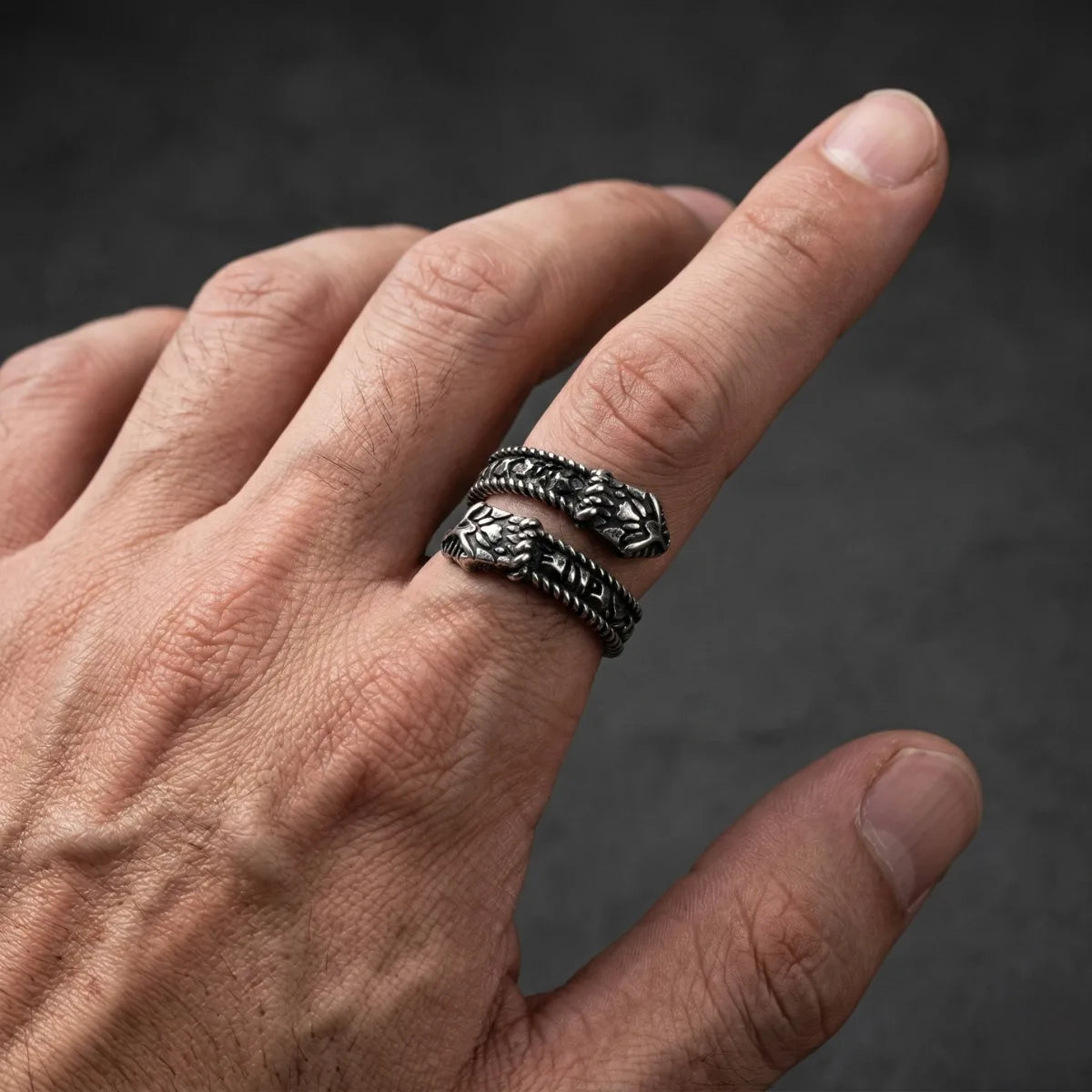 Antique Silver Double Head Snake Ring Worn by Male Model Close Up