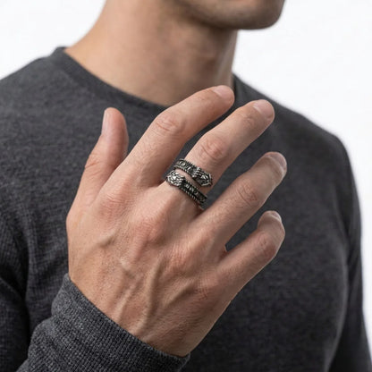 Antique Silver Double Head Snake Ring Worn by Male Model