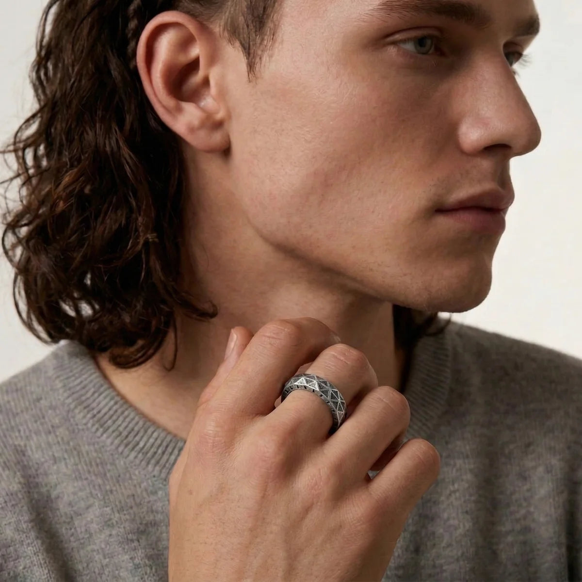 Antique Silver Faceted Rune Ring Worn by Male Model