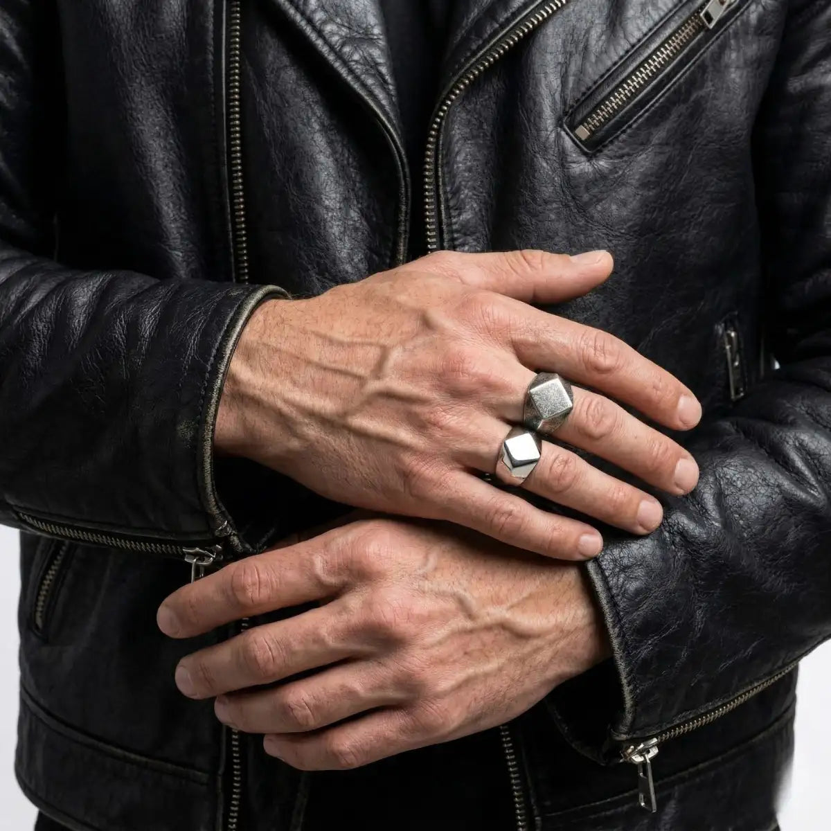 Antique Silver Geometric Signet Ring Worn by Male Model