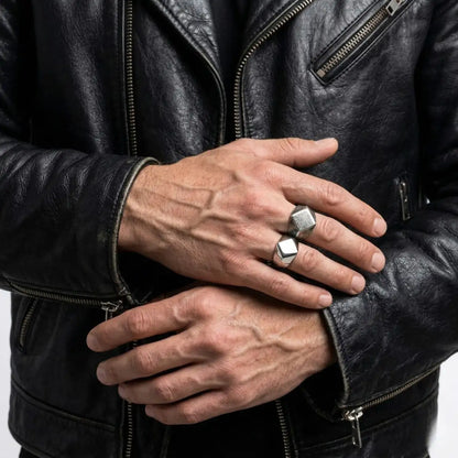 Antique Silver Geometric Signet Ring Worn by Male Model