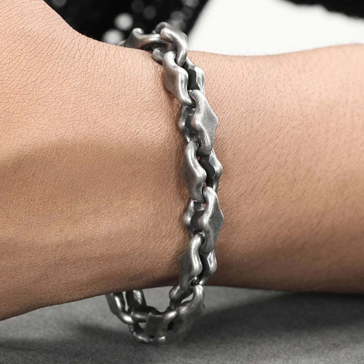 Antique Silver Geometric Stainless Steel Bracelet Close Up