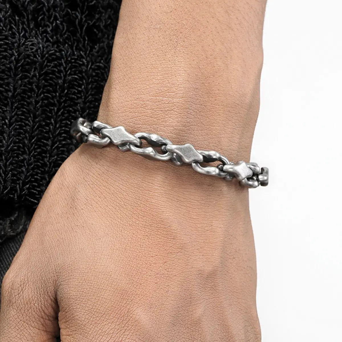 Antique Silver Geometric Stainless Steel Bracelet Worn by Male Model