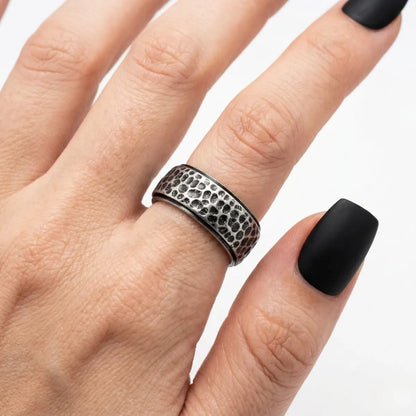 Antique Silver Hammered Band Ring Worn by Female Model