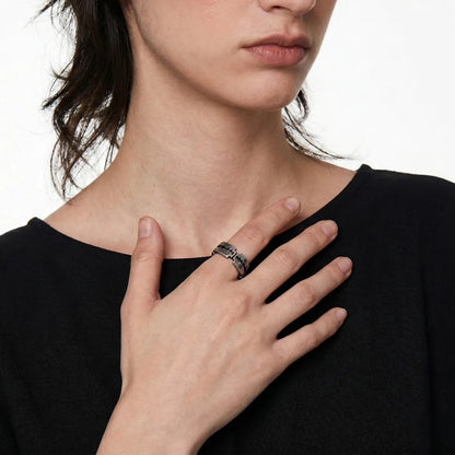 Antique Silver Razor Blade Ring Worn by Female Model