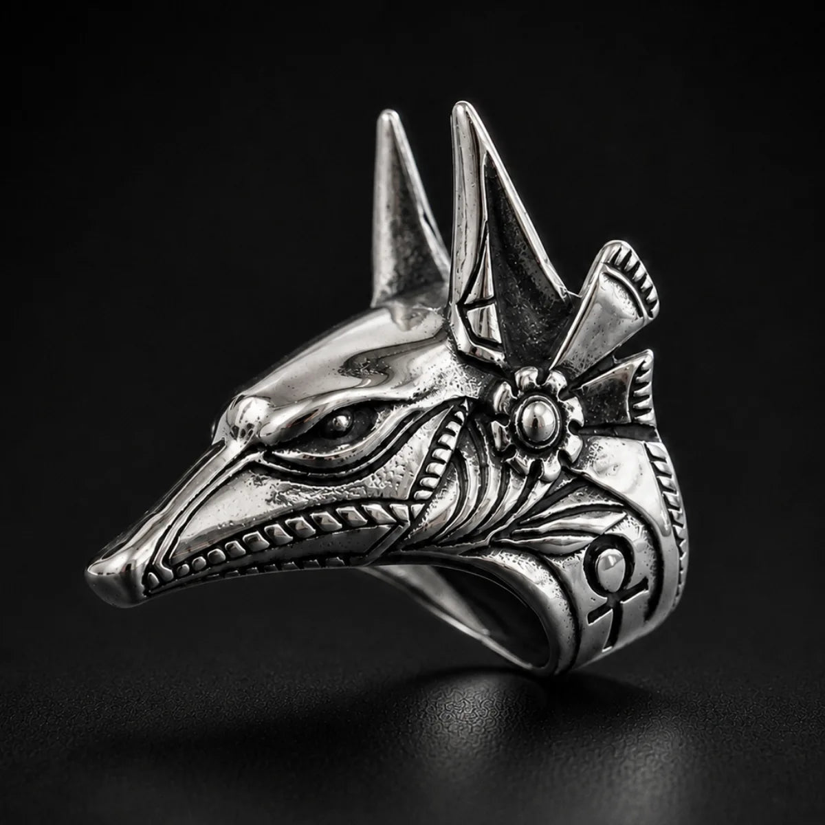 Anubis Ring Silver Close Up Black Background