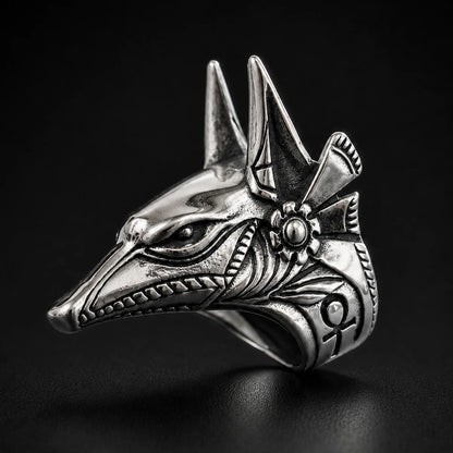 Anubis Ring Silver Close Up Black Background