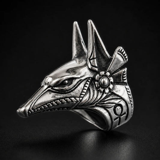 Anubis Ring Silver Close Up Black Background
