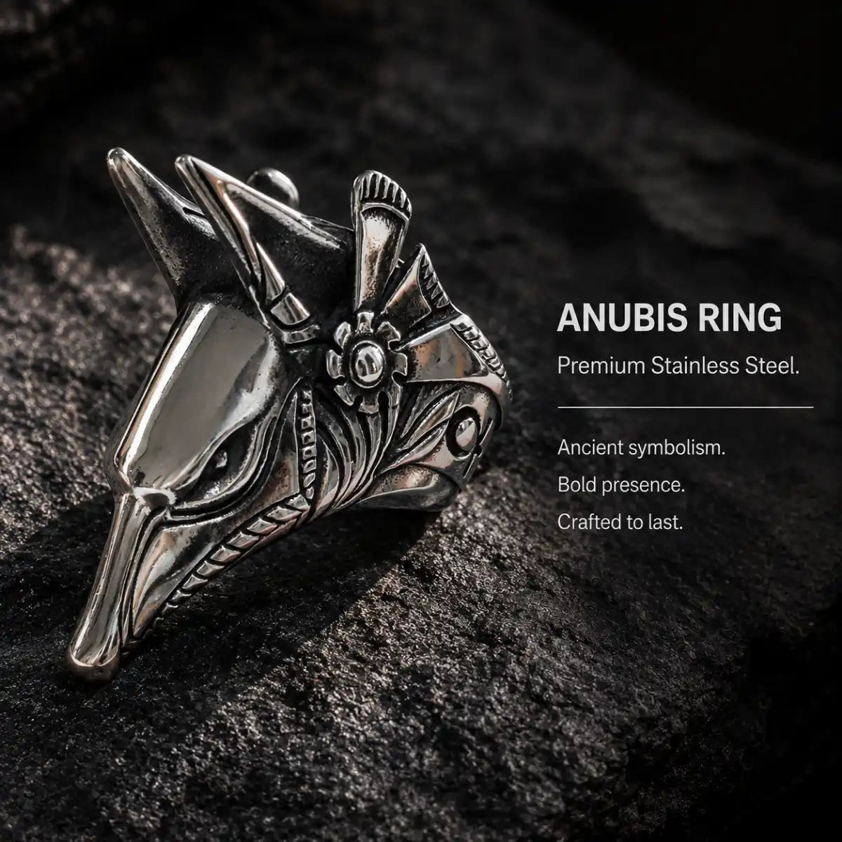 Anubis Ring Silver Displayed on Stone Surface