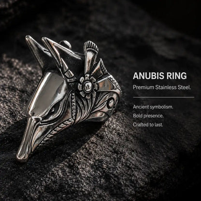 Anubis Ring Silver Displayed on Stone Surface