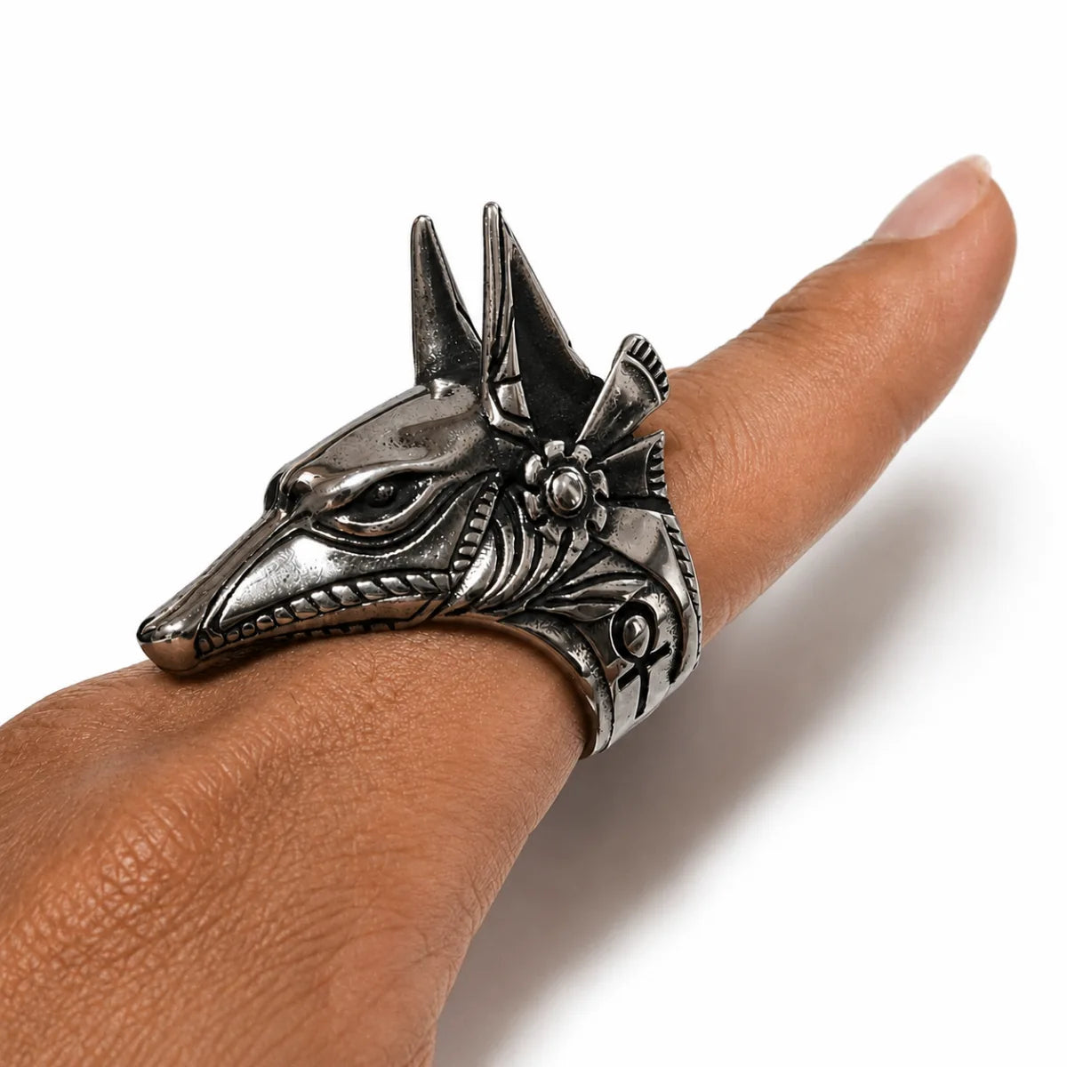 Anubis Ring Silver Worn on Index Finger Side View