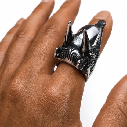 Anubis Ring Silver Worn on Ring Finger Top View