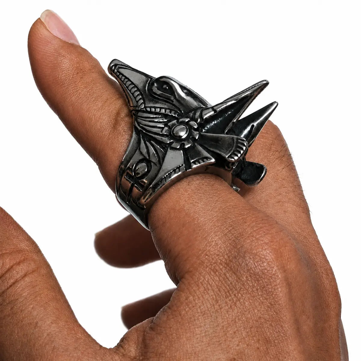 Anubis Ring Silver Worn on Thumb Side View