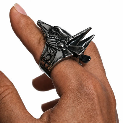 Anubis Ring Silver Worn on Thumb Side View