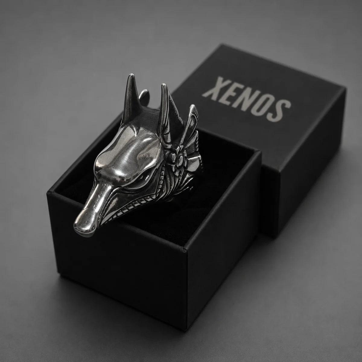 Anubis Ring Silver in Gift Box Black Background