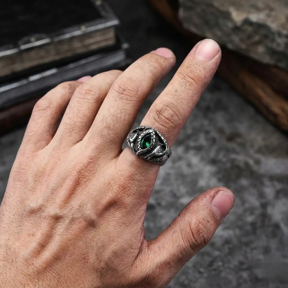 Aragorn Ring of Barahir Stainless Steel Worn by Male Model Close Up