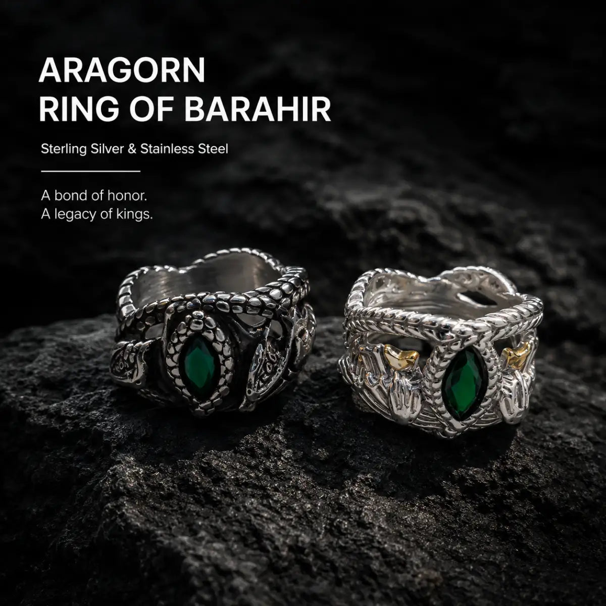 Aragorn Ring of Barahir Sterling Silver and Stainless Steel Displayed on Stone Surface