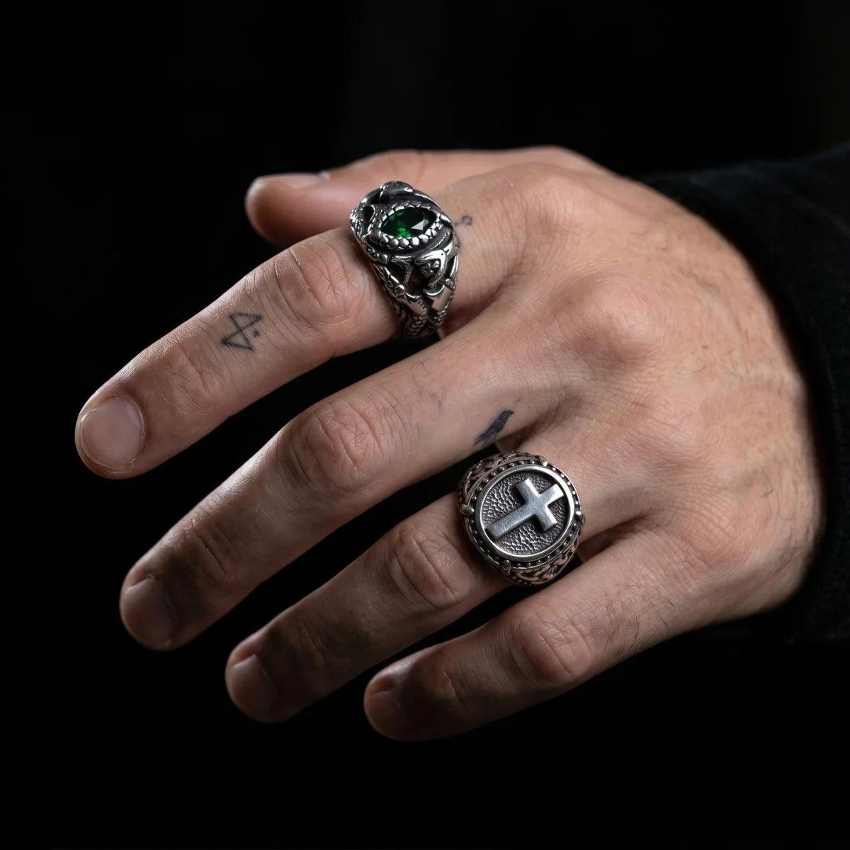 Aragorn Ring of Barahir and Cross Signet Ring Worn by Male Model