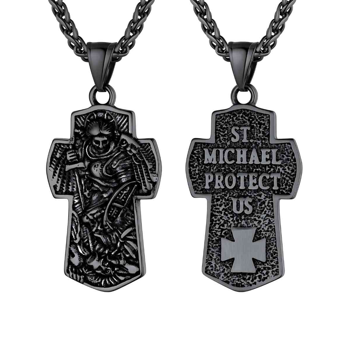 Archangel Michael Cross Necklace Black Pendant Front and Back Xenos Jewelry