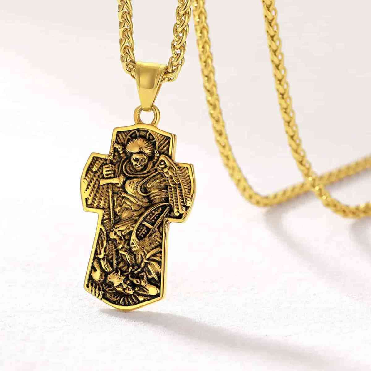 Archangel Michael Cross Necklace Gold Pendant Front Xenos Jewelry