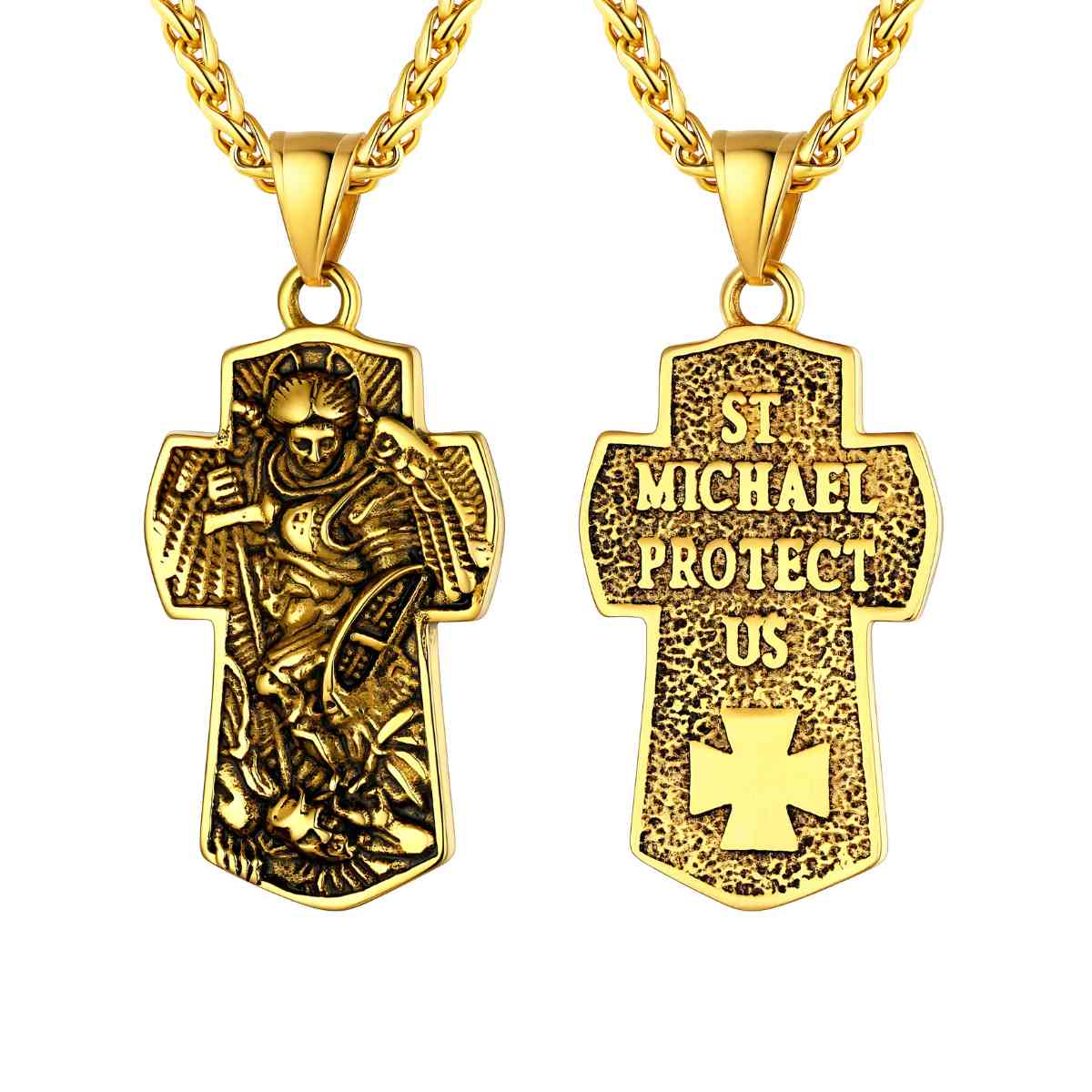 Archangel Michael Cross Necklace Gold Pendant Front and Back Xenos Jewelry