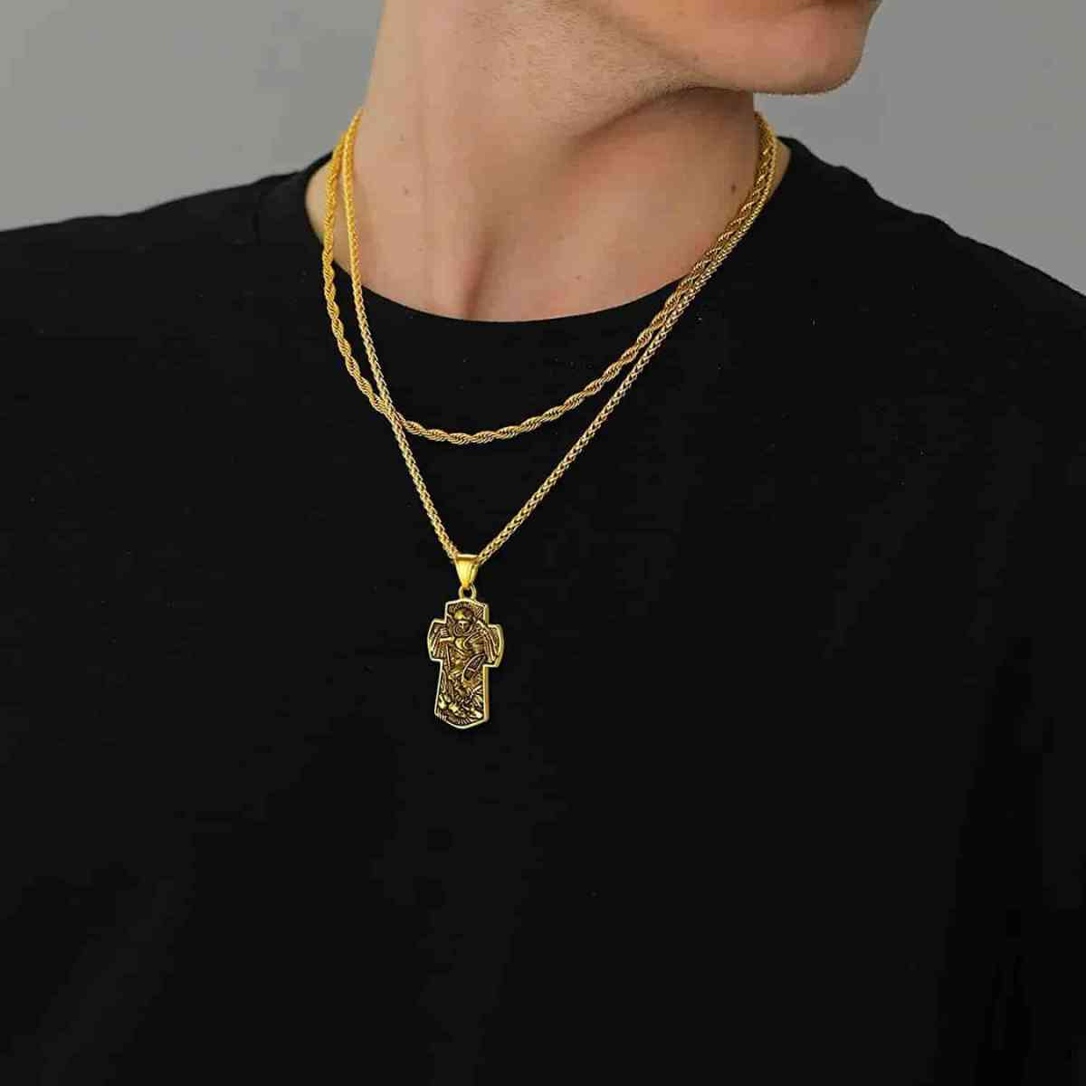 Archangel Michael Cross Necklace Gold Pendant Worn by Model Xenos Jewelry