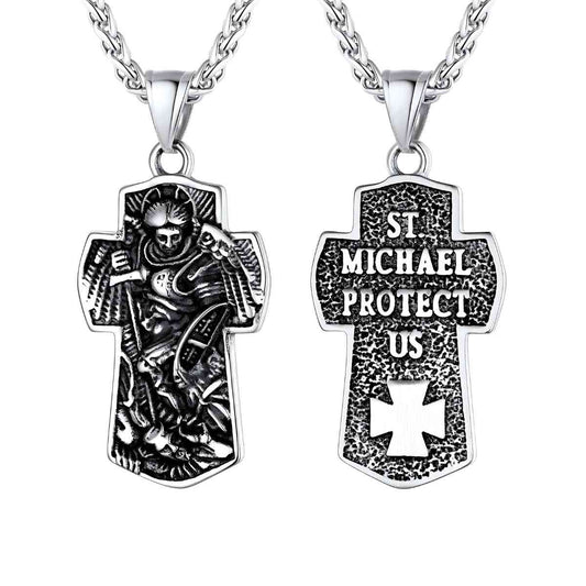 Archangel Michael Cross Necklace Silver Pendant Front and Back Xenos Jewelry