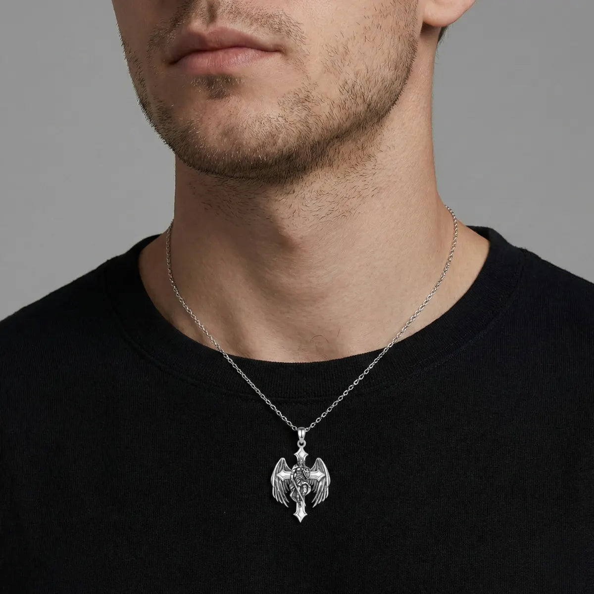 Archangel Michael Cross Pendant Worn by Male Model