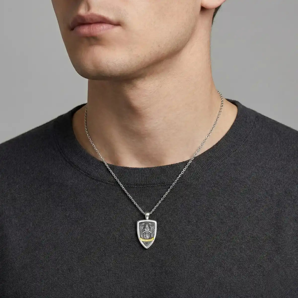 Archangel Michael Shield Pendant Worn by Male Model