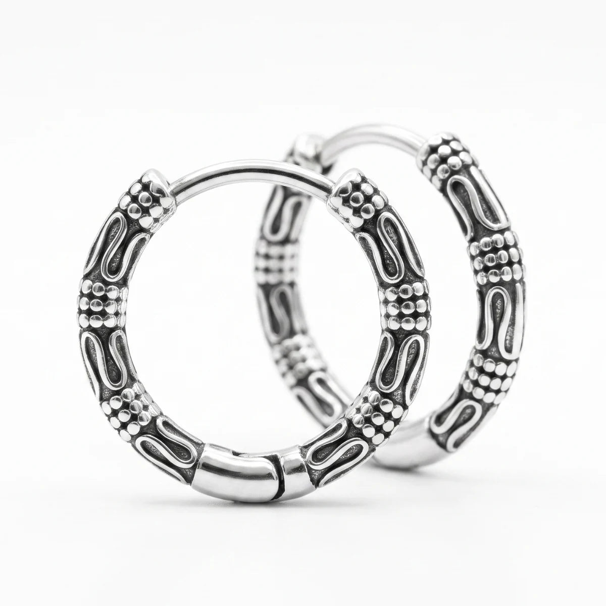 Bali Hoop Earrings Silver Close Up Standing