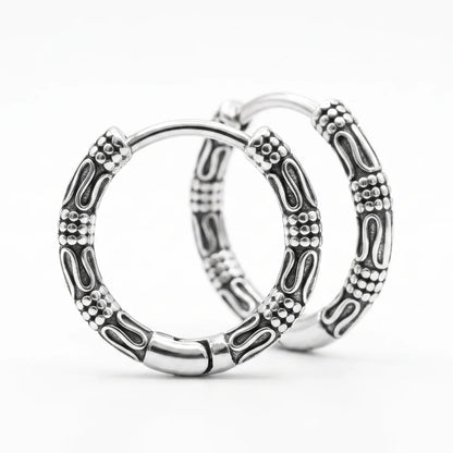 Bali Hoop Earrings Silver Close Up Standing