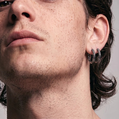 Bali Hoop Earrings Silver Worn by Male Model Side View