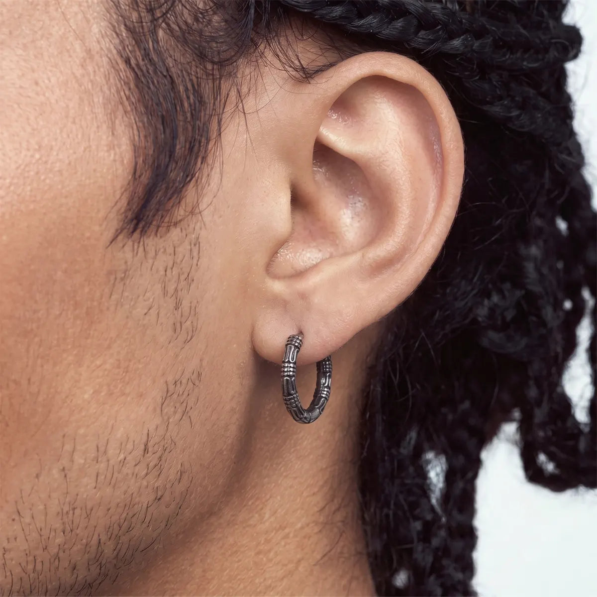 Bali Hoop Earrings Silver Worn by Male Model