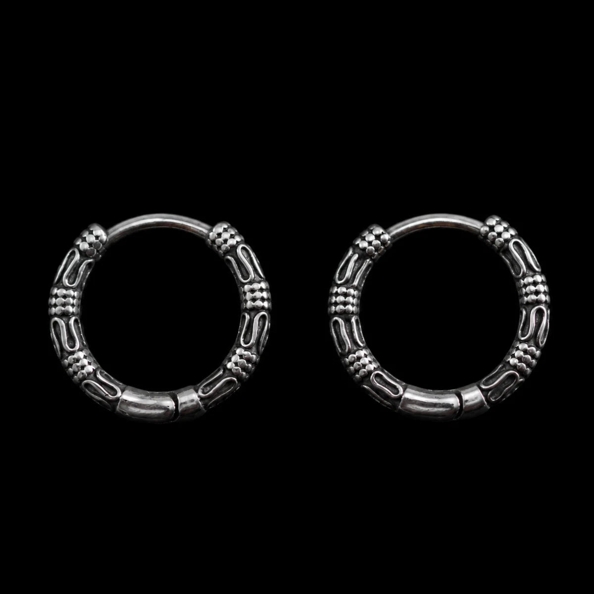 Bali Hoop Earrings Silver on Black Background