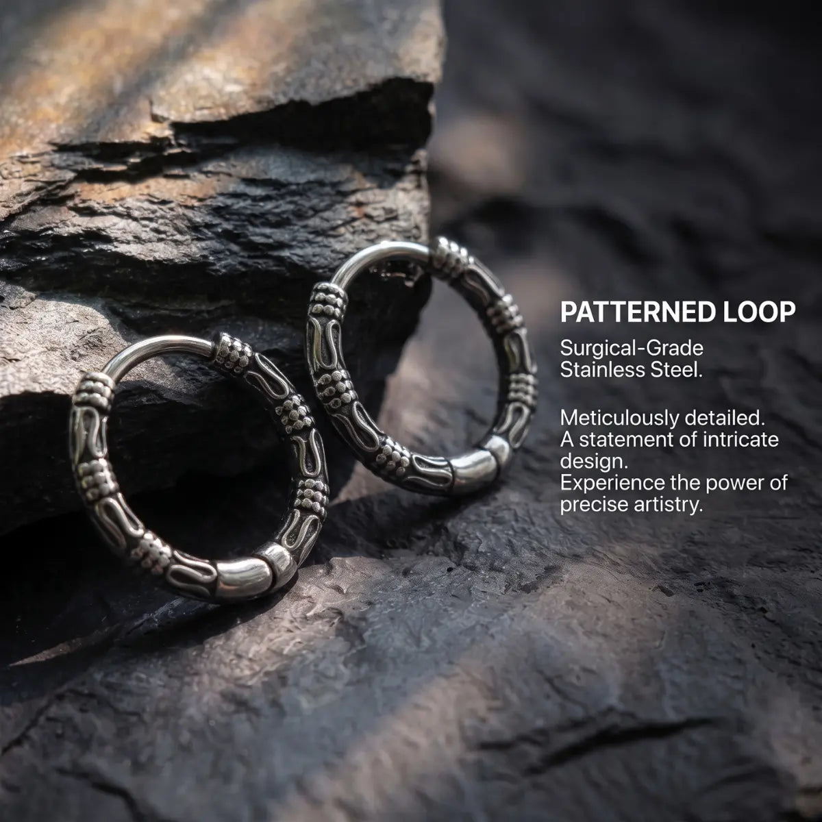 Bali Hoop Earrings Silver on Stone Surface