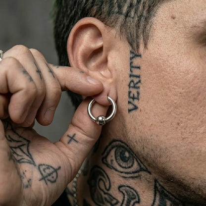 Ball Closure Hoop Earrings Silver Worn by Male Model Close Up