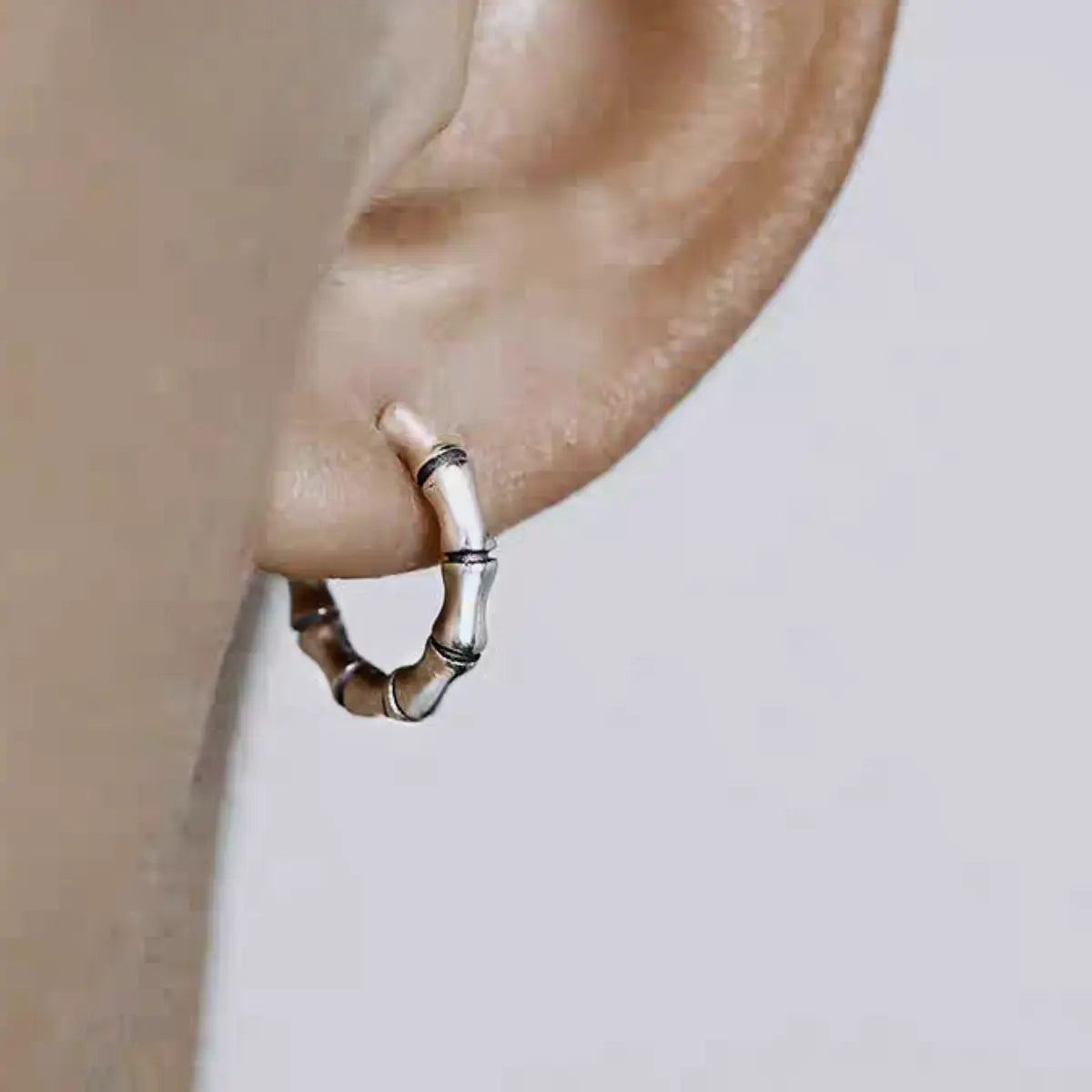 Bamboo Hoop Earrings Sterling Silver Worn By Male Model