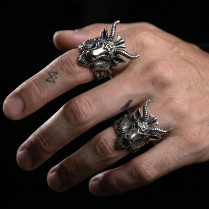 Baphomet Goat Head Ring Worn by Male Model