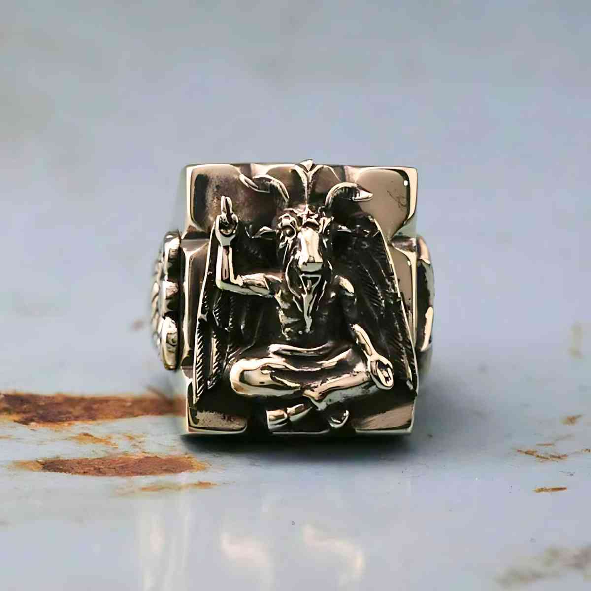 Gold Baphomet Goat Ring in Stainless Steel