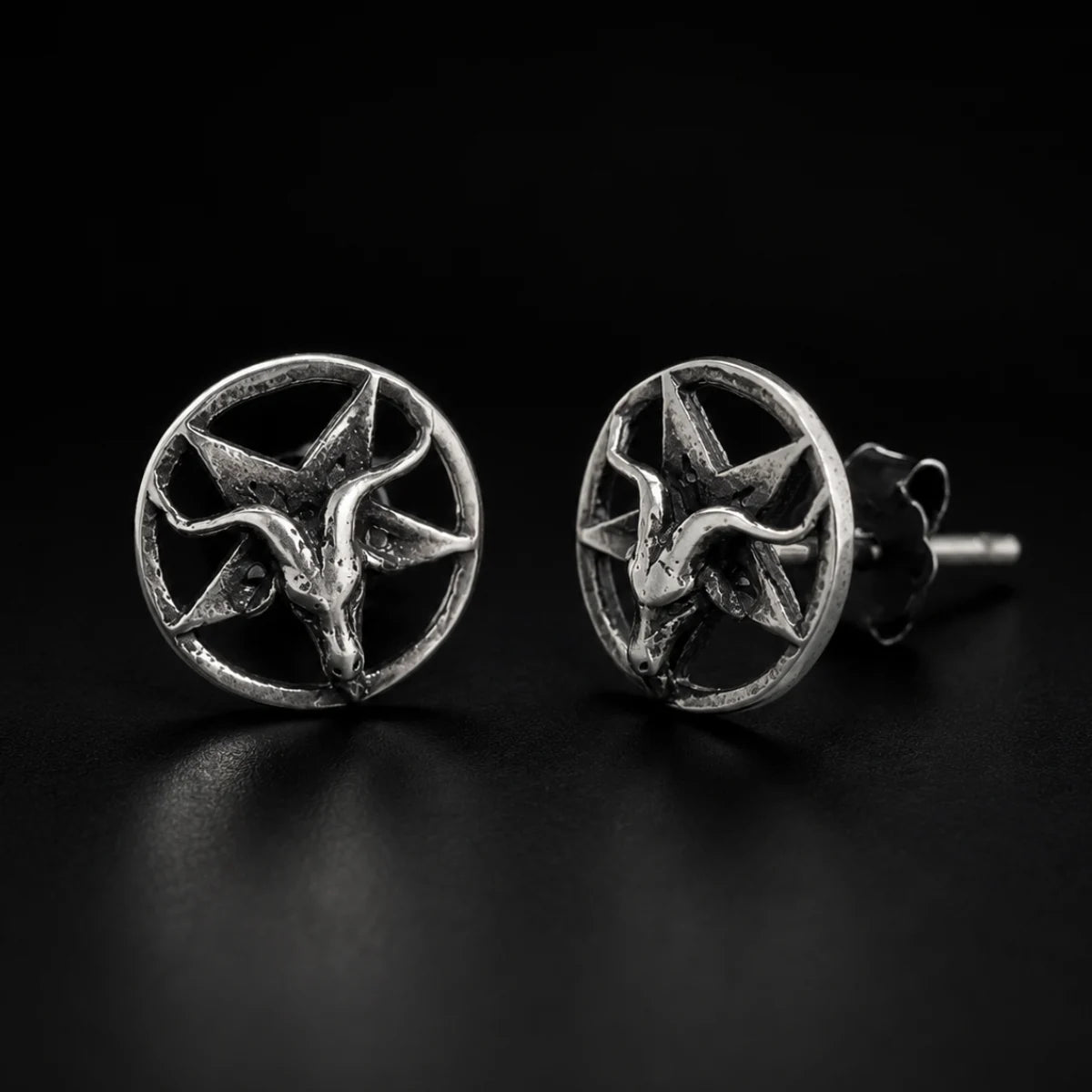 Baphomet Satan Stud Earrings Silver Pair Close Up Black Background