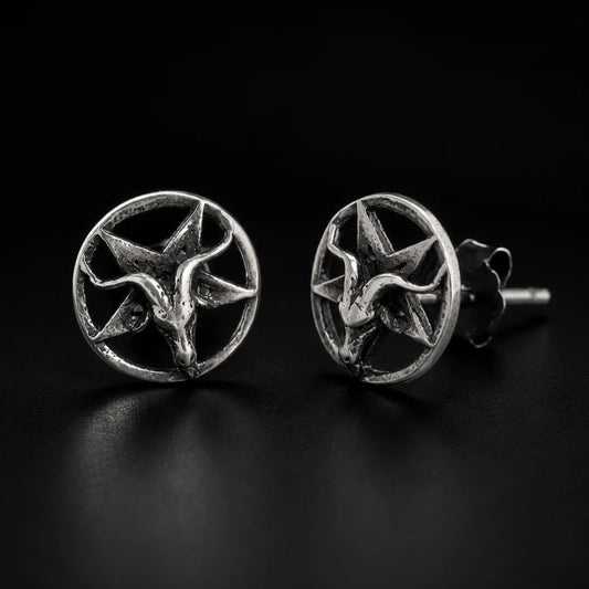 Baphomet Satan Stud Earrings Silver Pair Close Up Black Background