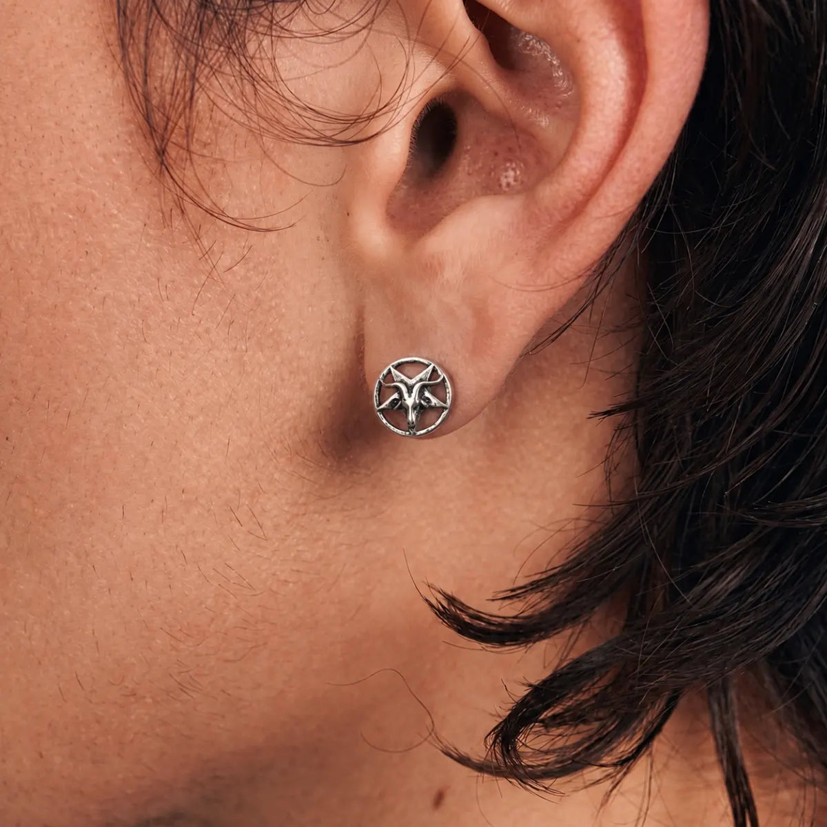 Baphomet Satan Stud Earrings Silver Worn by Male Model Close Up