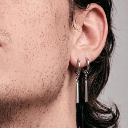 Bar Dangle Hoop Earrings Silver Double Piercing Worn by Male Model
